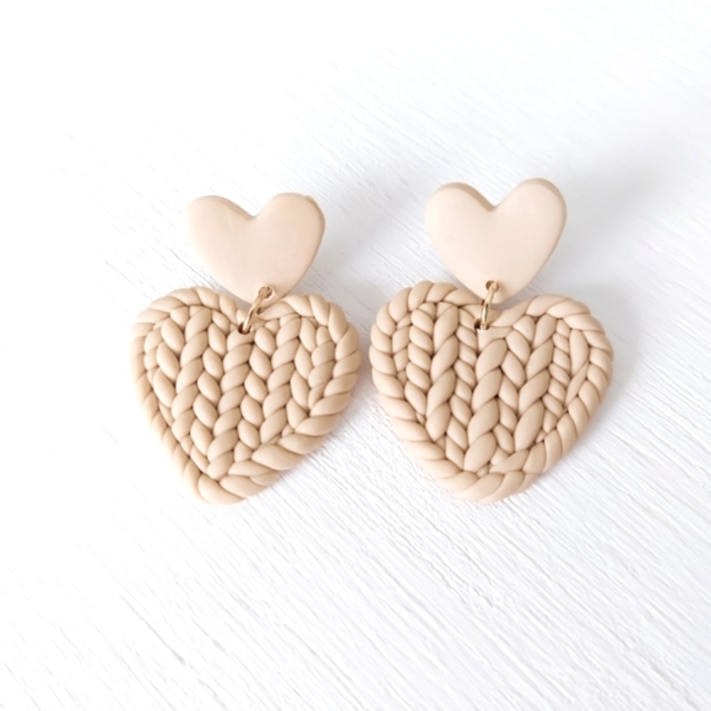 Polymer Clay Knit Heart Dangle Earrings - Cream